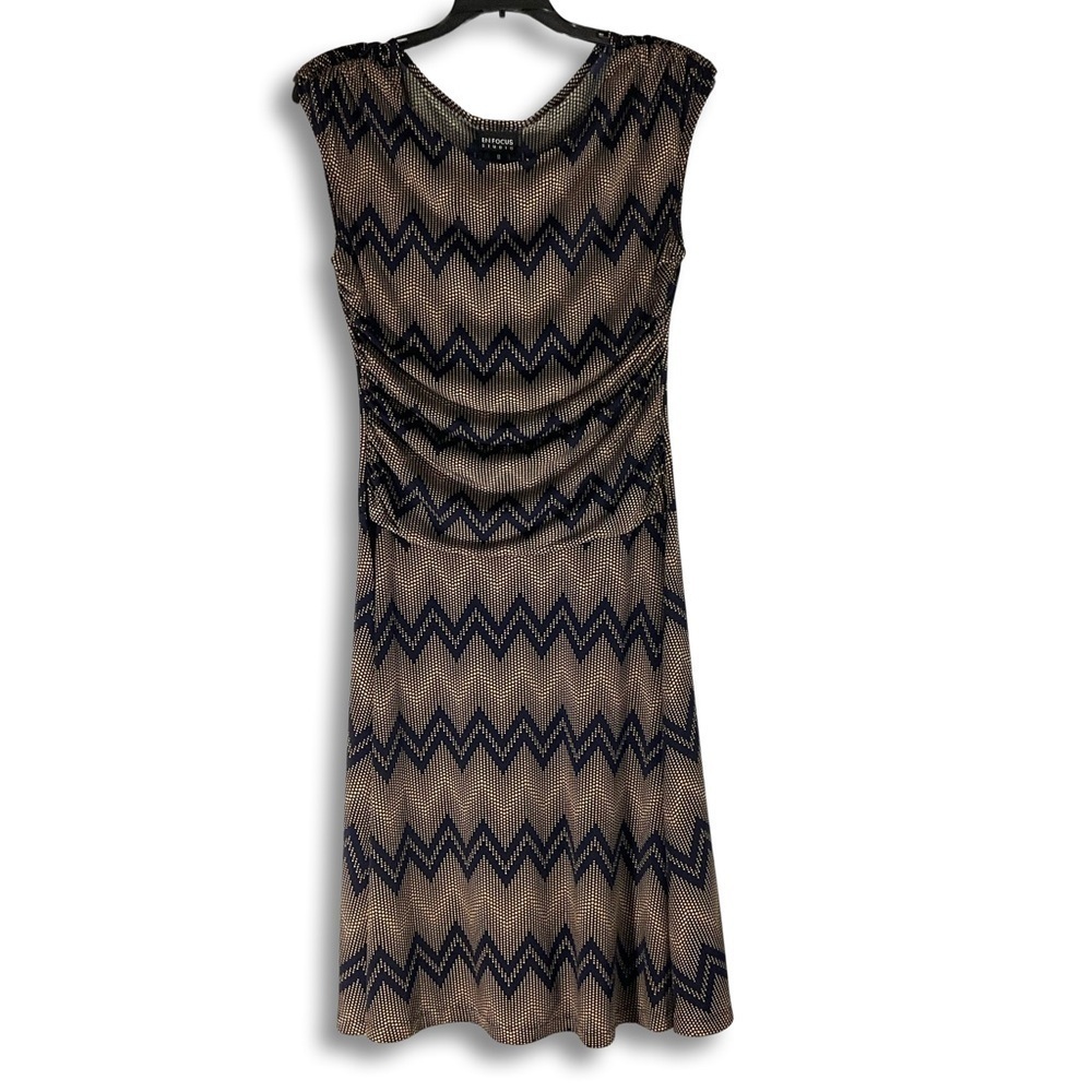 En Focus Studio Zig Zag Ruched Dress Womens 8 Black Tan Chevron Sleeveless Retro